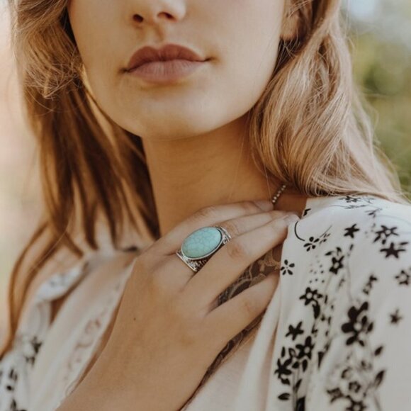 Trïbe Boho Round Turquoise Stone Silver Colored Adjustable Ring - Picture 2 of 7